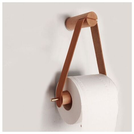 (Braun) Toilettenpapierhalter, Toilettenpapierhalter aus Holz, Retro-Toilettenpapierhalter zur Wandmontage, Küche, Bad, WC, nordisch, Buchenholz, Kupfergriff, Leder FLITI