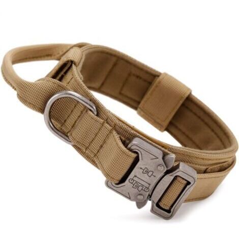 Braunes, taktisches Hundehalsband mit Kontrollgriff, verstellbares militärisches Nylonhalsband, Metallschnalle, gepolstert für mittelgroße Hunde, Jagd-/Outdoor-Training (M)