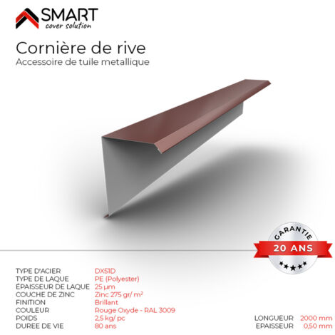 Bravo The Smart Solution – Cornière de rive bac acier – Toiture en tôle – Coloris rouge oxyde RAL 3009 – Longueur 2m, épaisseur 0.50mm pour protection optimale