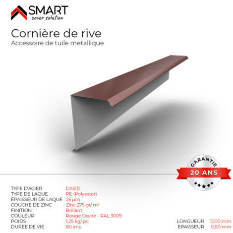 Bravo The Smart Solution – Cornière de rive en acier 1m – Tôle de couverture – Épaisseur 0.50mm – Coloris rouge oxyde RAL 3009 pour toiture métallique