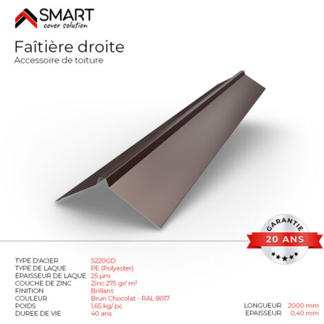 Bravo The Smart Solution – Faîtière droite bac acier toiture H12 Brun Chocolat RAL 8017 L=2m – Accessoire de couverture légère – Résistant aux intempéries