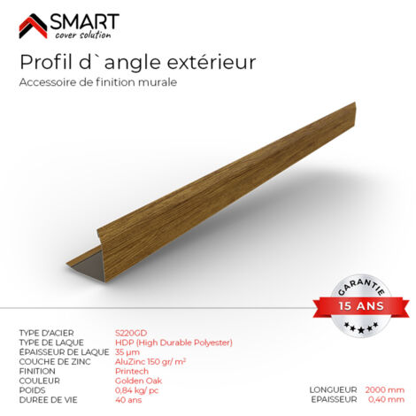 Bravo The Smart Solution – Profil d'angle extérieur tôle bac acier – Accessoire de finition pour bardage – Coloris golden oak – Longueur 2m – Plaque H12