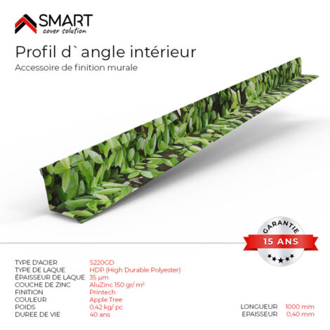 Bravo The Smart Solution – Profil d'angle intérieur tôle bac acier – Couverture toiture – Plaque H12 coloris Apple Tree Printech – Longueur 1m