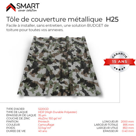Bravo The Smart Solution – Tôle bac acier toiture TR25 coloris camouflage – Dimensions 2000x895mm – Plaque de couverture pour structures légères – Facile à installer