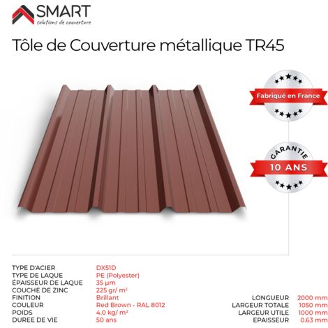 Bravo The Smart Solution – Tôle bac acier toiture TR45 – Coloris brun rouge terracotta RAL 8012 – Dimensions 2000x1050x0.63mm – Solution économique sans entretien