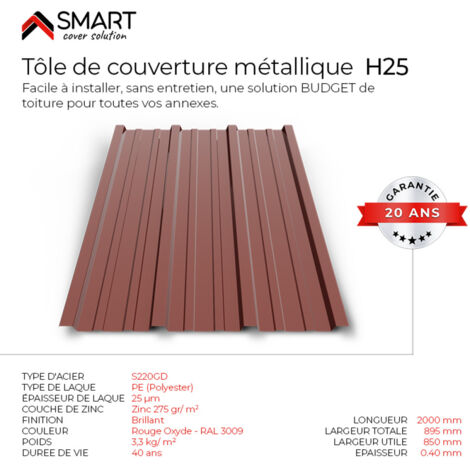 Bravo The Smart Solution – Tôle bac acier TR25 – Couverture toiture – Coloris rouge oxyde RAL 3009 – Dimensions 2000x895x0.40 mm – Solution économique et de qualité