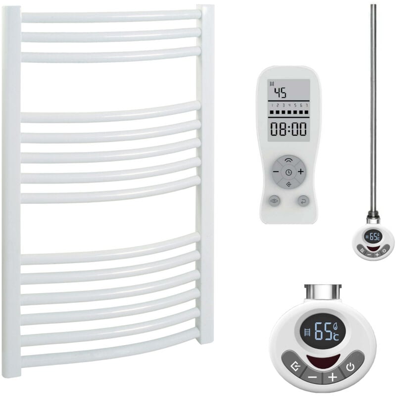 BRAY Curved Towel Warmer / Heated Towel Rail, White - Electric, Thermostat + Timer, 50cm x 80cm