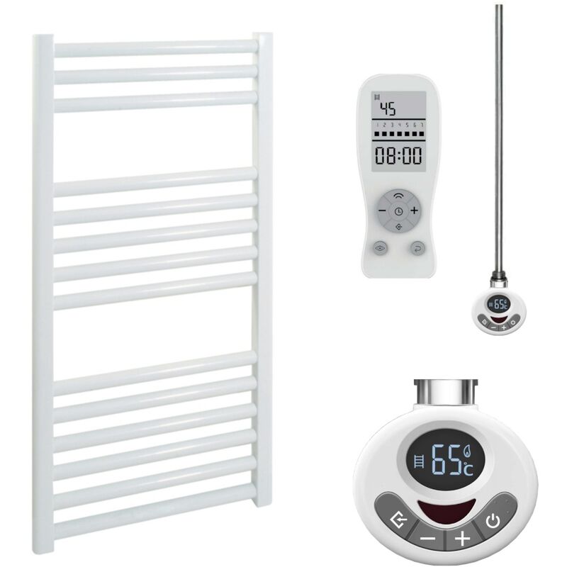 BRAY Straight Towel Warmer / Heated Towel Rail, White - Electric, Thermostat + Timer, 40cm x 80cm