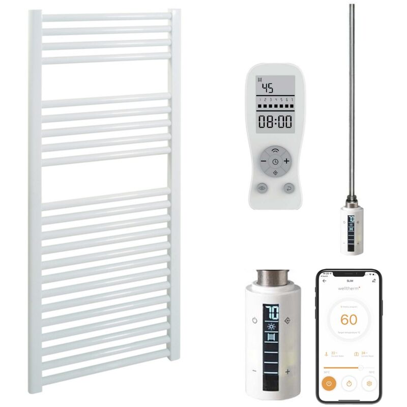 BRAY Straight Towel Warmer / Heated Towel Rail, White - Electric, Thermostat + Timer, 50cm x 120cm