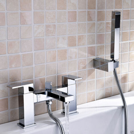 Brayton Square Chrome Bridge Deck Mounted Bath Shower Mixer With Shower Handset