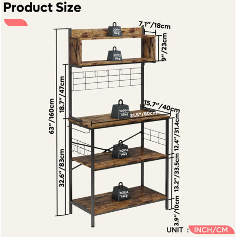 Bread & Microwave Rack with 4 Shelves, Multifunctional Coffee Bar Shelf with 8 Side Hooks, Open Storage for Kitchen