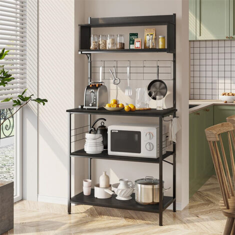 Bread & Microwave Rack with 4 Shelves, Multifunctional Coffee Bar Shelf with 8 Side Hooks, Open Storage for Kitchen