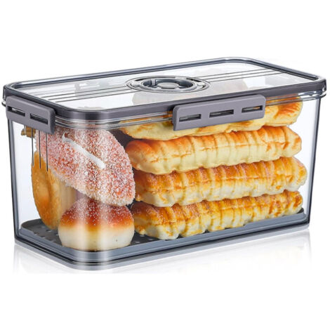 Bread storage container with airtight lid, 32.5x17.5x15cm, for homemade bread, buns, bagels, loaves, grey