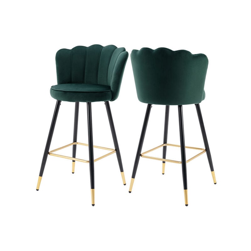 Velvet Bar Stools Set of 2 Breakfast Counter Chairs with Metal Legs Bar Chairs Modern High Stools for Kitchen Home Bar, Green