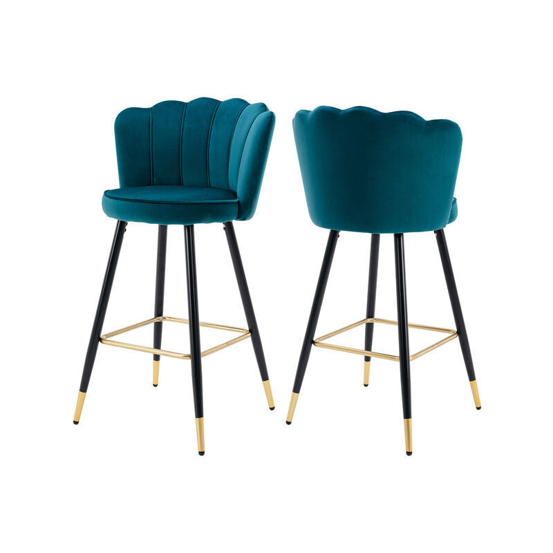 Velvet Bar Stools Set of 2 Breakfast Counter Chairs with Metal Legs Bar Chairs Modern High Stools for Kitchen Home Bar, Teal