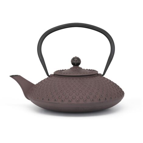 Bredemeijer Flacher Wasserkocher de Gusseisen Asia de 1,25 Liter, auberginefarben, große emaillierte Induktionskanne mit Filter de aus Edelstahl