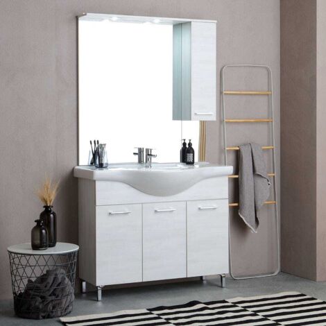 Breites 106 Cm Badmöbelset Mit Türen Und Füssen, Waschbecken, Spiegel Mit Hängeschrank Und Led Rimini