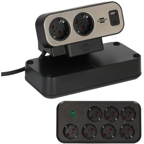 Brennenstuhl estilo Duplex Tischsteckdosenleiste mit Überspannungsschutz, 1x USB C, 1x USB A, 9x Schutzkontakt-Steckdosen, silber/schwarz
