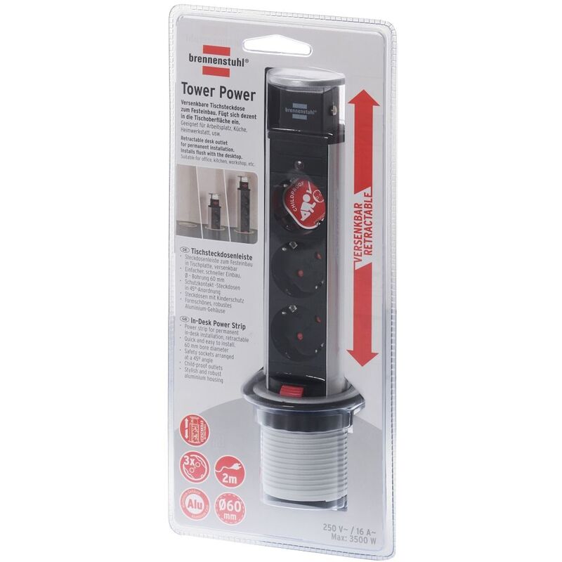 Tower-power tischmultiprise,ver - 1396200003, versenkbare 3-FACH tischsteckdose á festeinbau, bohrung ø 60 mm, 2 m - Brennenstuhl