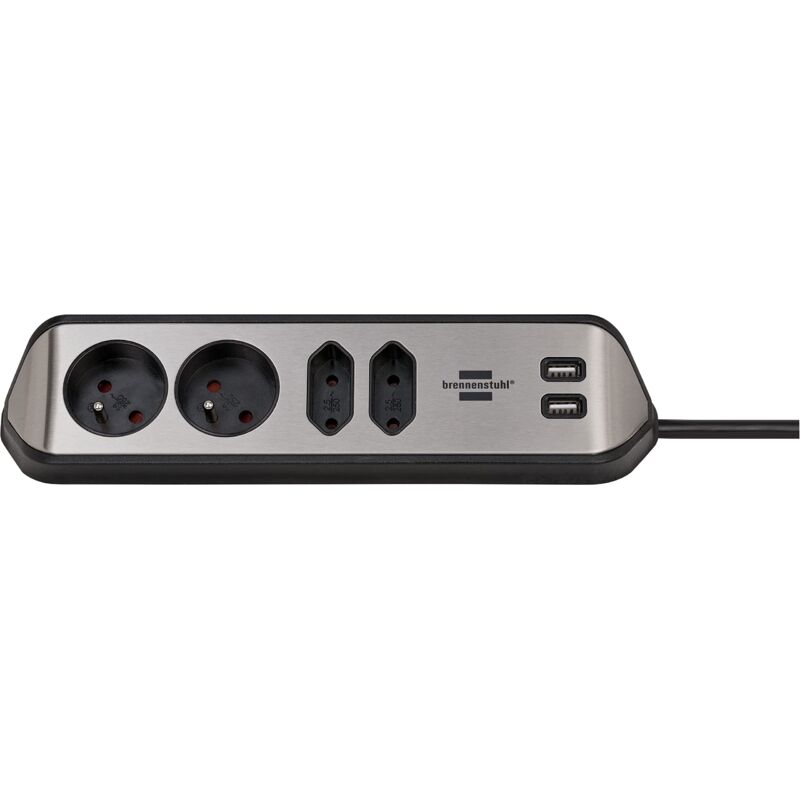 Style - Bloc multiprises avec 4 prises (socle en acier inoxydable pour la cuisine et le bureau, avec de fonction de chargement usb) argent et noir Style - Bloc multiprises avec 4 prises (socle en acier inoxydable pour la cuisine et le bureau, avec de fonction de chargement usb) argent et noir