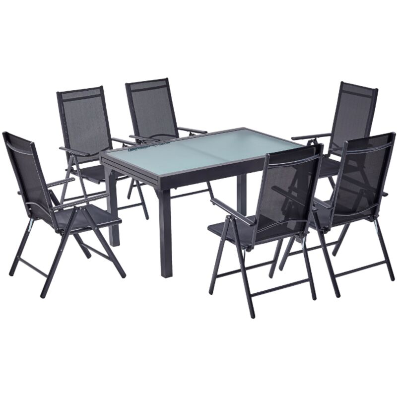 

Brescia 6: Conjunto de jardín de aluminio con mesa extensible + 6 sillas de textileno - Gris
