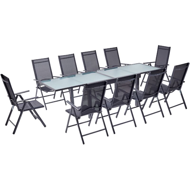 

Brescia 10: Conjunto de jardín de aluminio con mesa extensible + 10 sillas de textileno - Gris