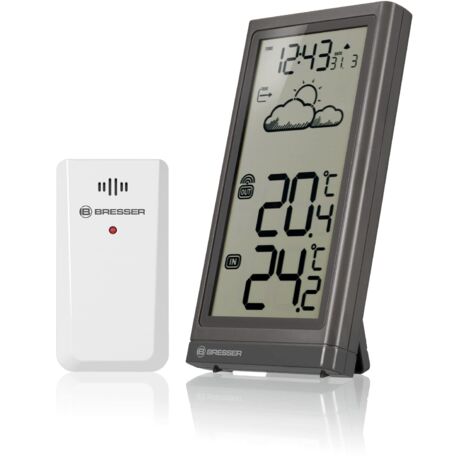 Bresser Stazione meteo radio con sensore esterno Meteo Temp, termometro con indicatore di temperatura per interni ed esterni, previsioni meteo, con base pieghevole e supporto da parete, grigio