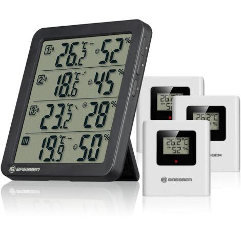 Bresser Termoigrometro Quadro NV con 4 punti di misurazione, sensore integrato e 3 sensori wireless, indicatore di comfort Smiley, memoria Min/Max, IP44
