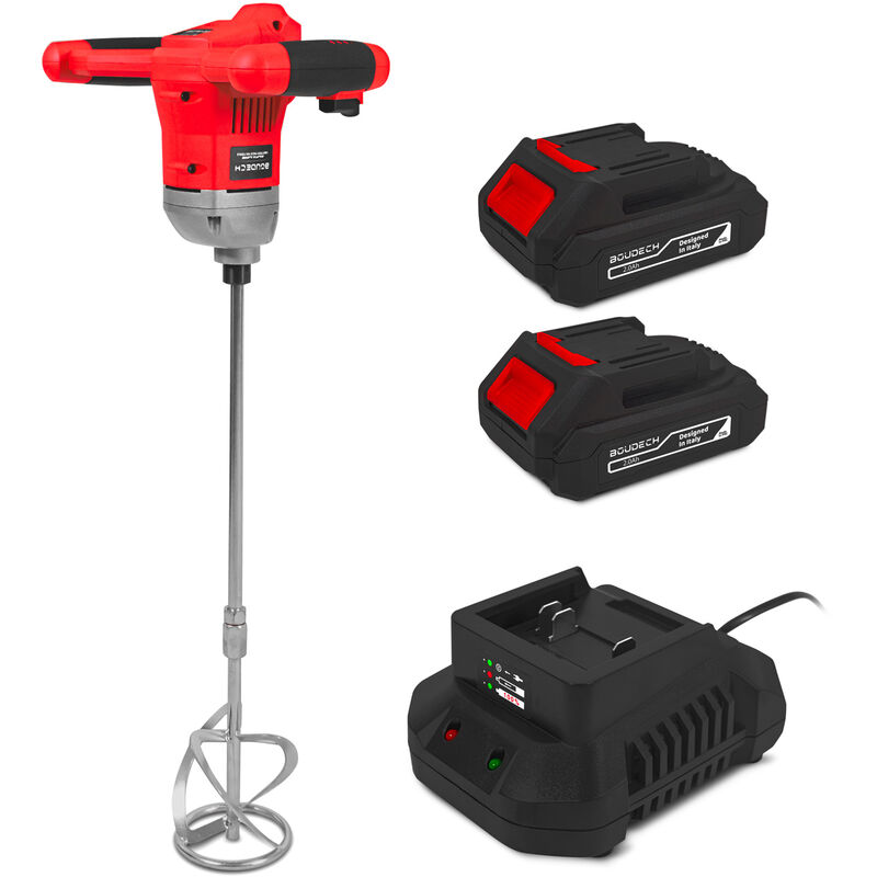 Boudech - Bretia 20 - Mélangeur à ciment portable électrique Alfa Line, barre spirale M14x59 cm, 2 batteries 2a + charger