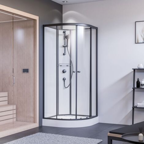 Breuer Komplettdusche als Runddusche Schiebetür 900x900mm Radius 550mm, Klarglas hell Rückwände weiß, Mattschwarz