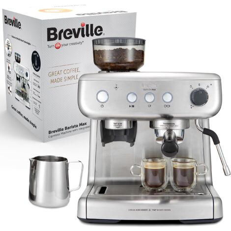Breville Macchina per caffè espresso Barista Max, sistema Thermoblock con tecnologia PID, vaporizzatore, pompa italiana 15 bar, capacità 2.8 l, 1550 W, Macina caffè integrato, Argento