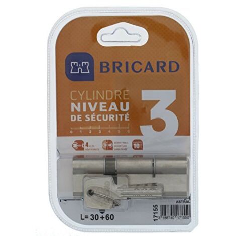 Bricard 17155Cilindro disinseribile Astral 2,9in ottone nichelato 10pistoni, 2Voci protezione anti-foratura e il grimaldelli. Scheda personale, Acciaio Nichelato, 90= 30+ 60
