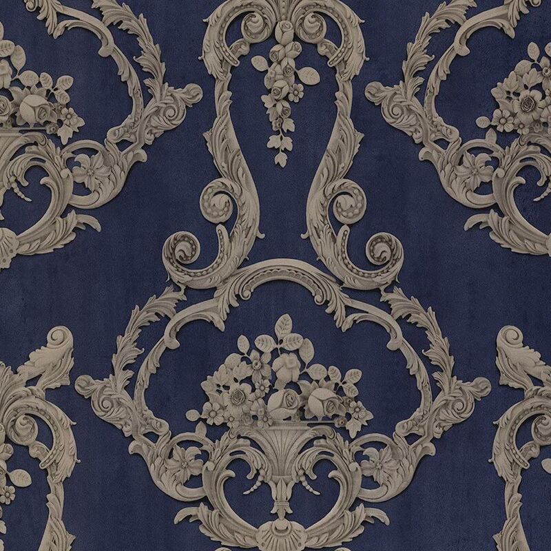 Grosvenor Damask Wallpaper Debona Vintage Classic Navy Blue Beige Traditional