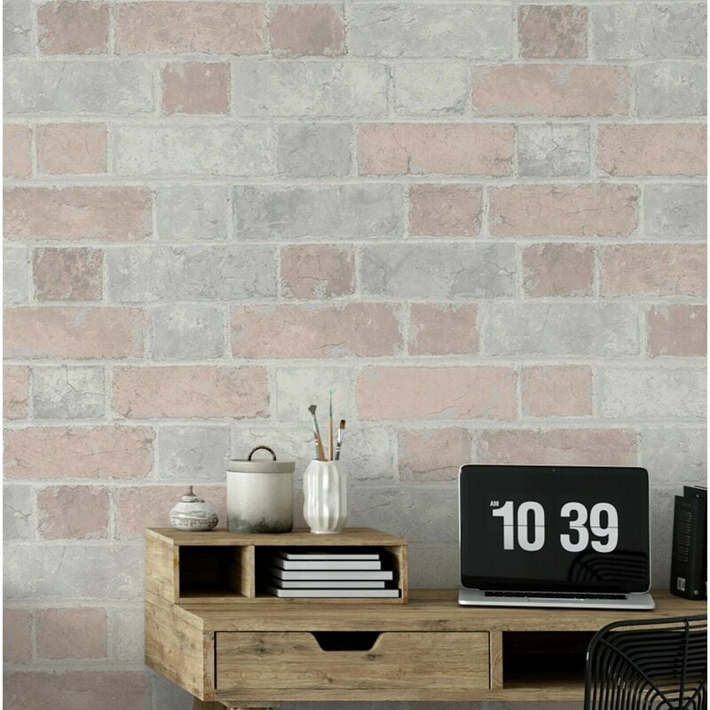 Wallpaper Decor - Brick Wall Effect Stone Pale Pink Light Grey Rustic Wallpaper Blush Girls Art - Pink, Grey