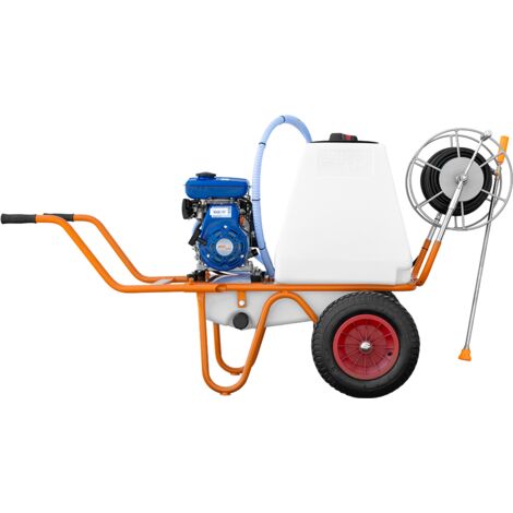 Bricoferr Carretilla sulfatadora de 2 ruedas 80cc 100L con manguera de 50 metros y lanza de 90 cm
