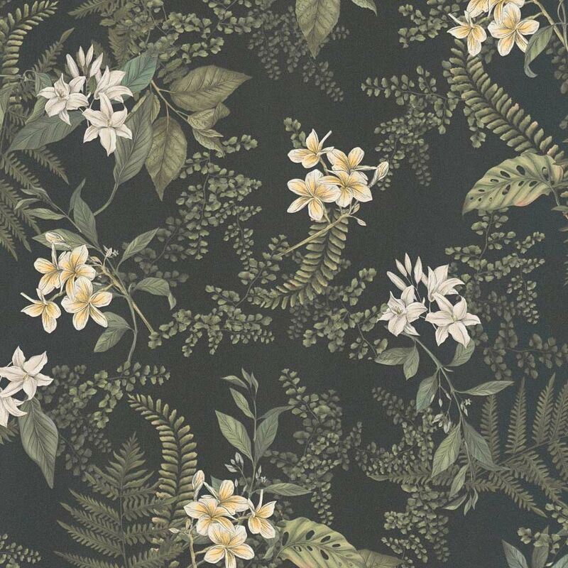 Papier peint nature floral noir, vert, et jaune Tapisserie fleurie idéale pour bureau Papier peint à fleurs pour couloir et chambre