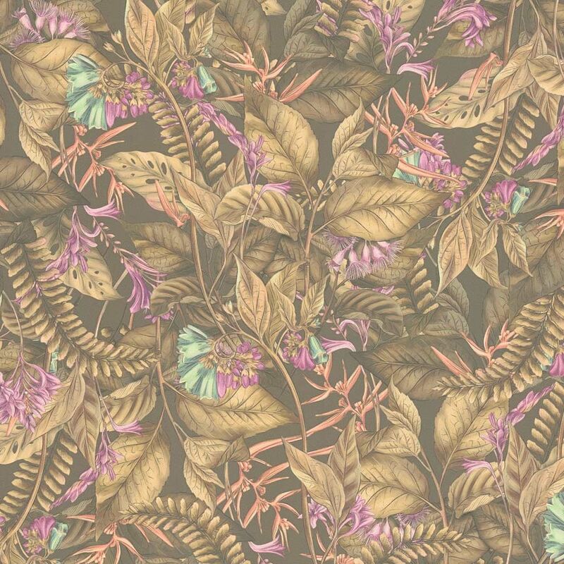 Papier peint nature plantes et fleurs marron, mauve & vert Tapisserie style tropical jungle Papier peint feuillage idéal salon et couloir