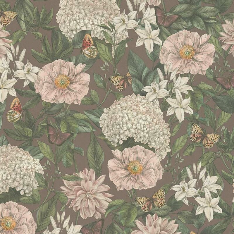 Papier peint nature fond marron Tapisserie florale rose, blanc, vert avec papillons Papier peint intissé idéal pour couloir et salon