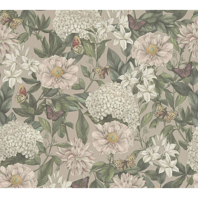 Papier peint intissé nature rose, blanc, et vert Tapisserie florale avec papillons idéale pour bureau Papier peint charme pour salon
