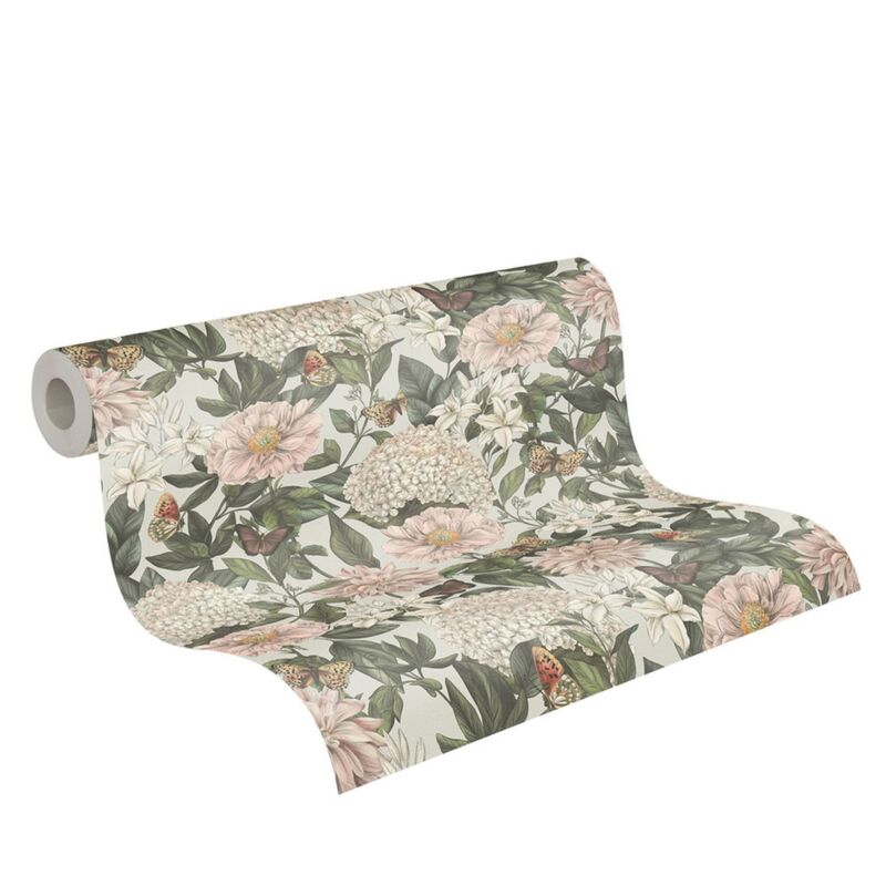 Papier peint intissé nature fond gris clair Tapisserie florale blanche, verte, rose avec papillons Papier peint intissé charme idéal chambre