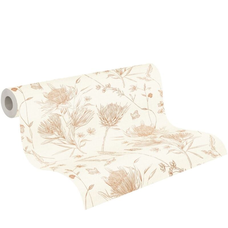 Papier peint intissé sur fond crème Tapisserie florale orange avec papillons Papier peint nature cottage idéal pour salon et couloir