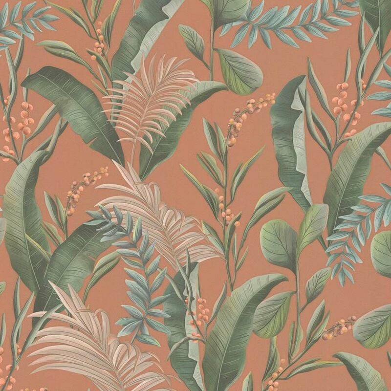 Papier peint nature vert & orange Tapisserie feuillage plantes style tropical Papier peint floral idéal pour chambre & couloir