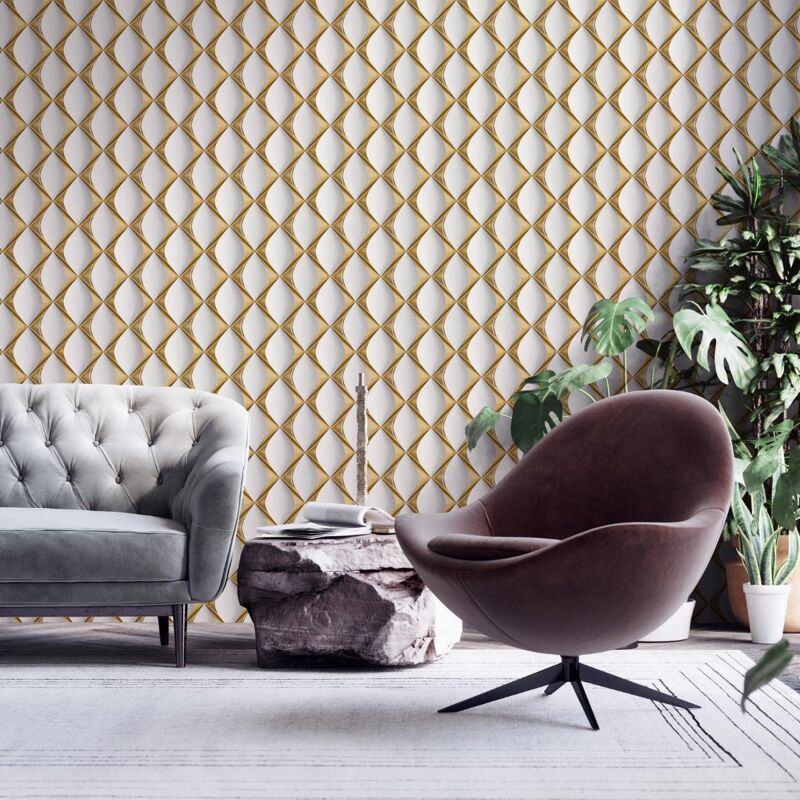 A.s.creations - Papier peint 3D blanc et or Tapisserie 3D salon Graphique Papier peint intissé Facile à appliquer Idéal pour le salon