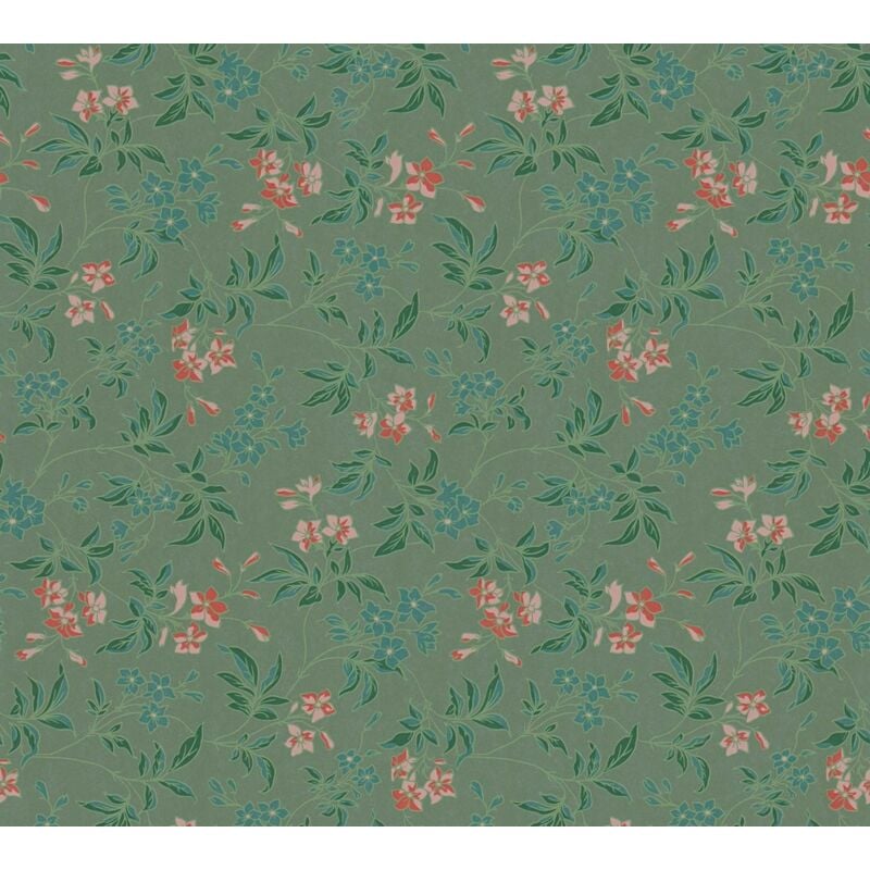 As Creation - Papier peint floral sur fond vert Tapisserie cottage à fleurs rouges Papier peint intissé charme style anglais idéal pour chambre