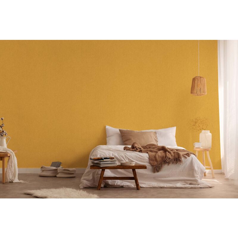 Papier peint intissé uni jaune orangé Tapisserie structurée effet métallique Papier peint moderne lavable idéal pour chambre