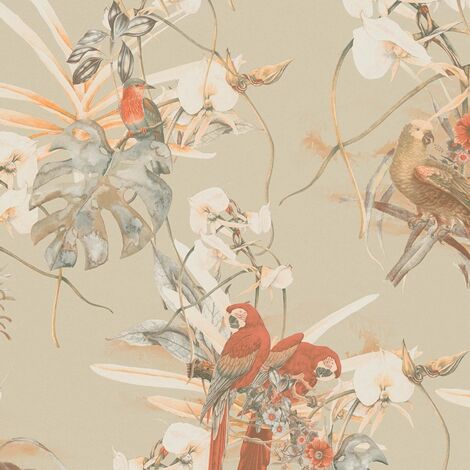 BRICOFLOR Papier Peint beige, orange et blanc oiseaux Tapisserie intissée animaux pour salon original Papier Peint oiseaux rouge