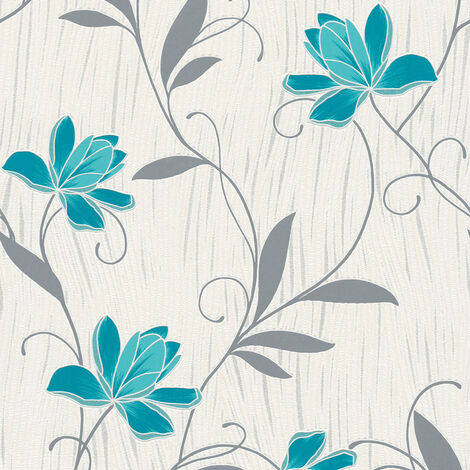 BRICOFLOR Papier peint fleuri Tapisserie fleu Tapisserie florale Papier peint papier Bleu Métallique Blanc - 10,05 x 0,53 m