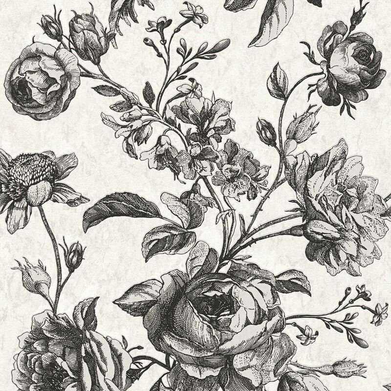 Papier peint floral blanc et noir Tapisserie nature style botanique Papier peint romantique fleuri de roses idéal pour couloir