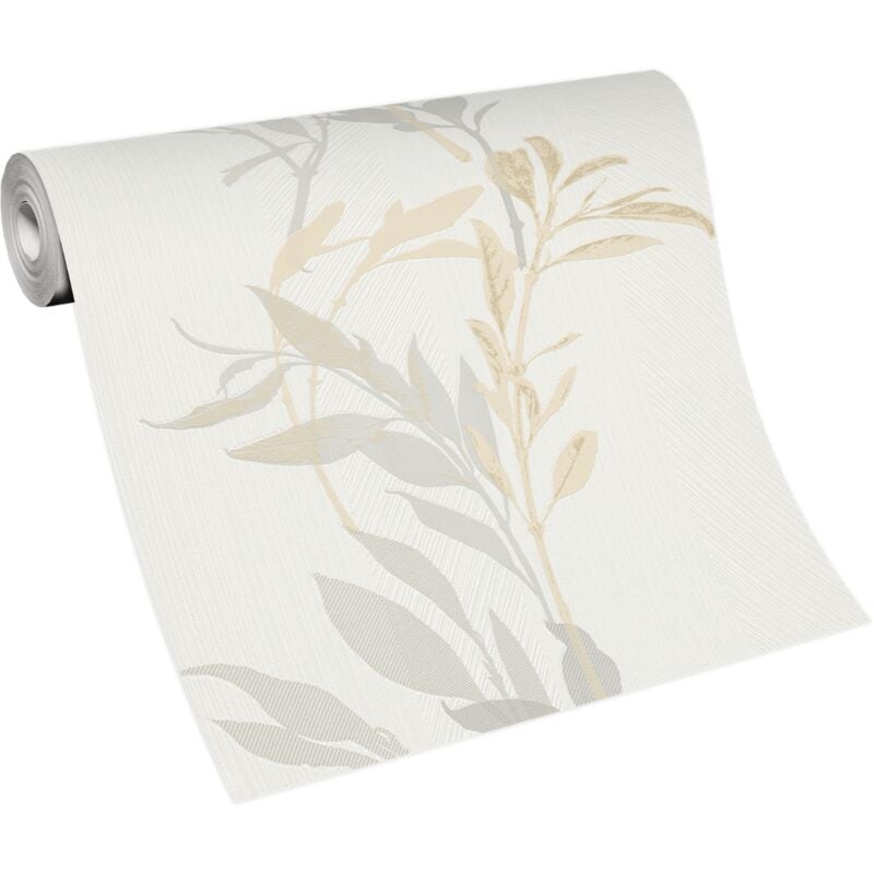 Papier Peint gris clair, blanc et beige Papier Peint feuillage beige et gris Tapisserie fleurie pour salon, cuisine & plus - Bricoflor