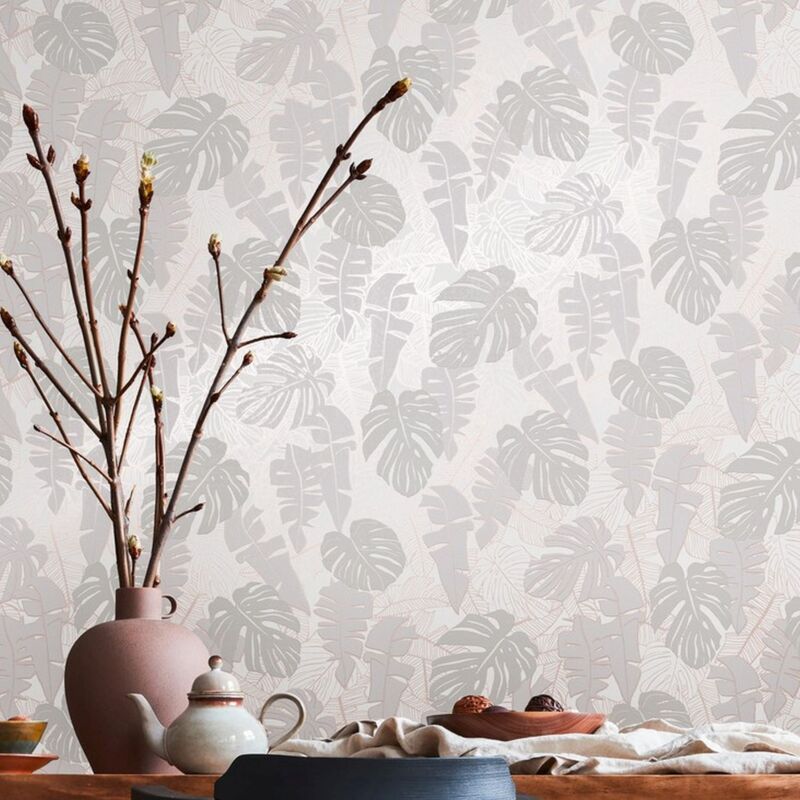 Papier peint nature gris et argent Tapisserie florale feuillage Papier peint moderne intissé style jungle idéal pour couloir